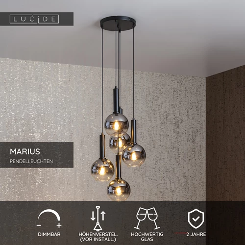 Lucide MARIUS - Pendelleuchten - Ø 55 cm - 5xE27 - Schwarz - USP